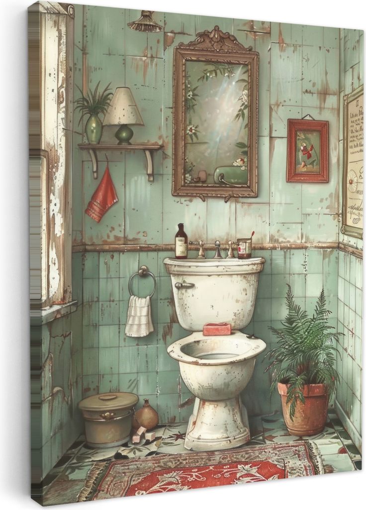 MuchoWow - Leinwandbilder - Vintage - Toilette - Illustration, Wandbild, Wanddeko Bilder Wohnzimmer, 60x80 cm