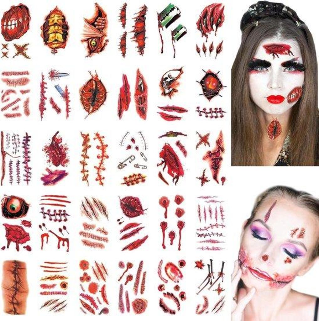 Halloween-Tatoeages für Gesicht und Körper, realistische Narben und blutige Sticker