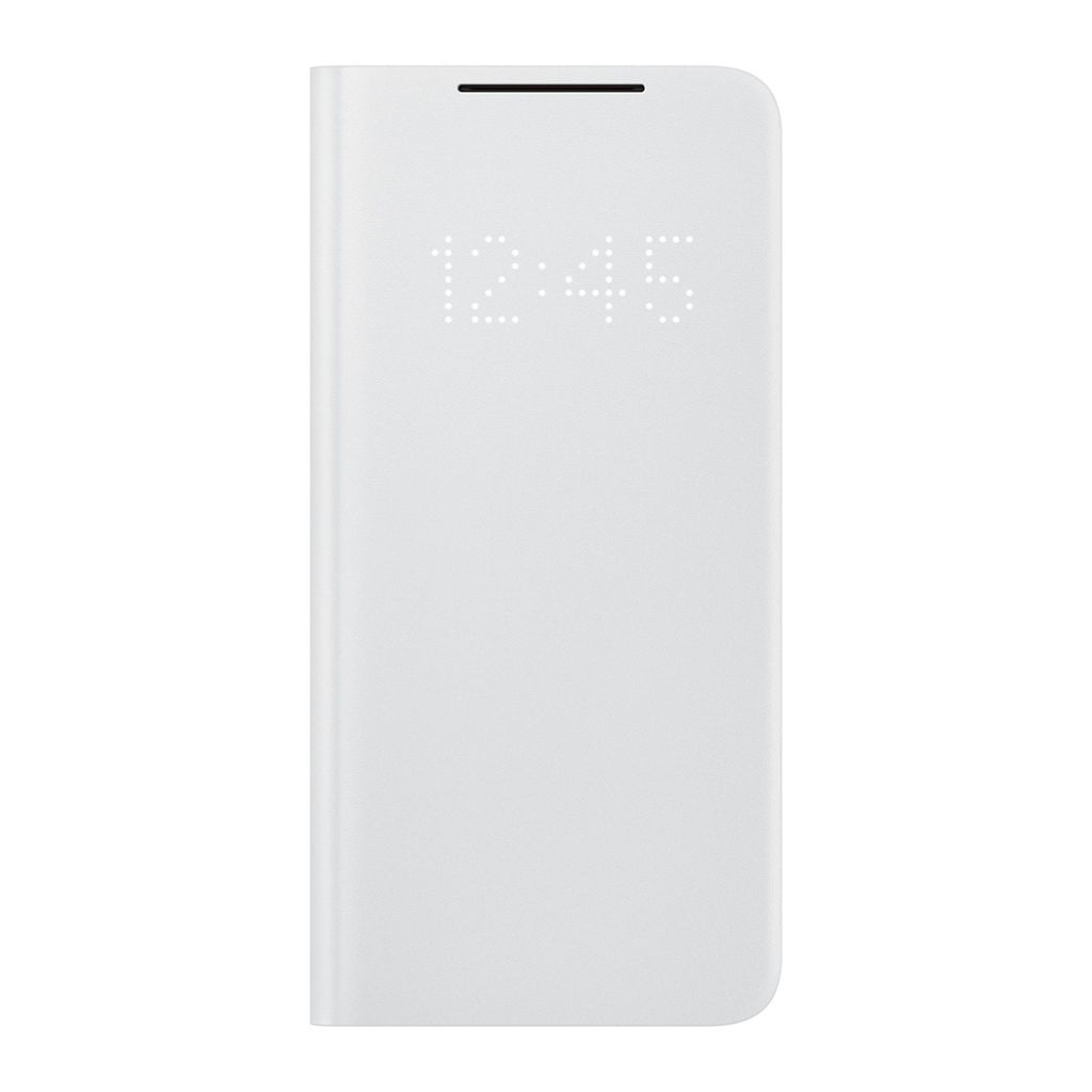 A white Samsung Galaxy S21 flip case with a digital clock display.