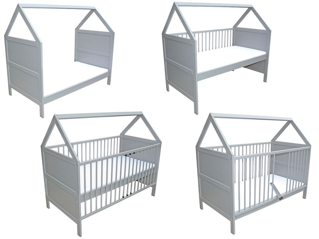 Babybett Kinderbett Juniorbett Beistellbett Bett Haus 140x70 cm umbaubar mit Matratze grau