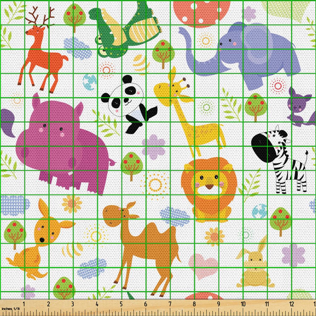 ABAKUHAUS Cartoon-Tier Gewebe als Meterware, Liebe der Natur-Thema-Kinder scherzt Muster mit exotischen Zoo-Comicfiguren, 1 M (148 x 100 cm), Mehrf...