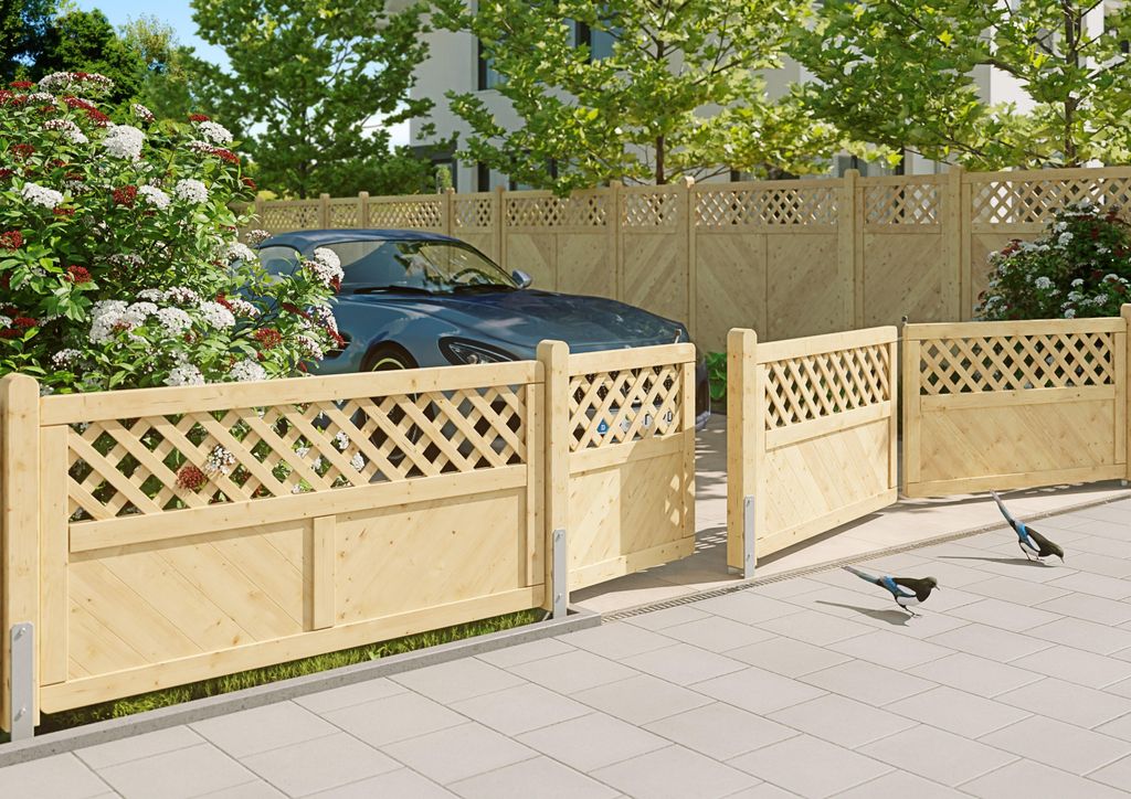 Massivzaun Doppeltor mit Rankgitter 300x90 cm Fichte unbehandelt