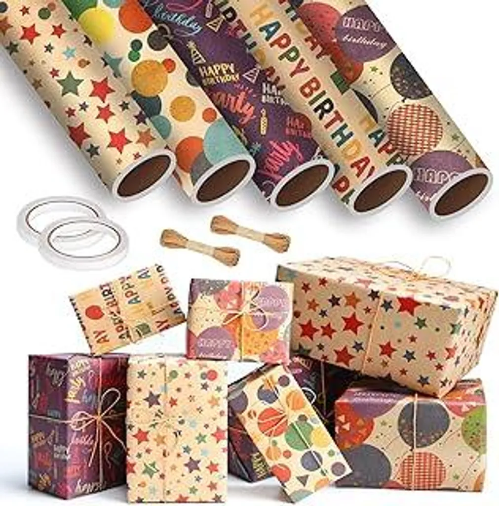 3 Rotoli Carta Regalo Compleanno – Kraft Riciclabile Con Pois, Stelle E Scritta Happy Birthday, 43 Cm X 3 M