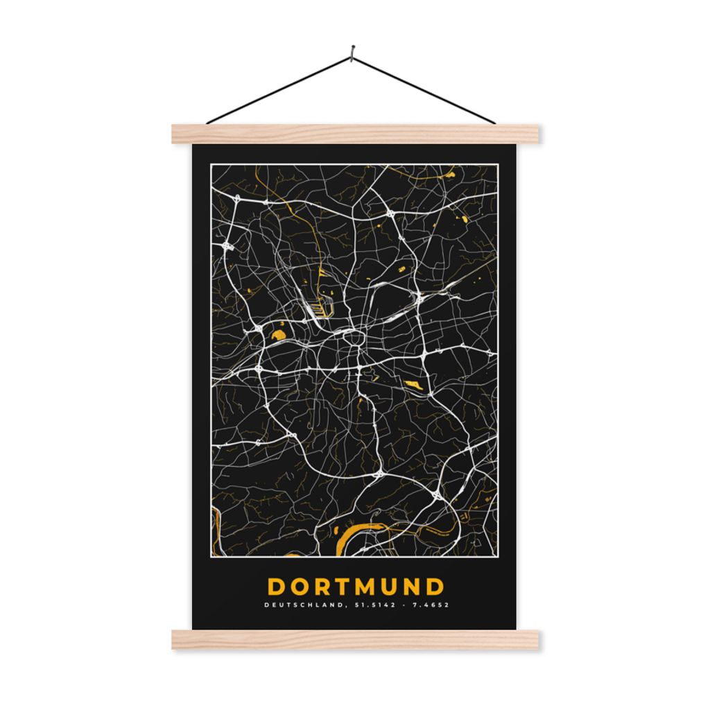 MuchoWow Textilposter Dortmund - Gold - Deutschland - Karte - Stadtplan 120x180 cm mit holzfarbenen Rahmen - Textil-Plakat