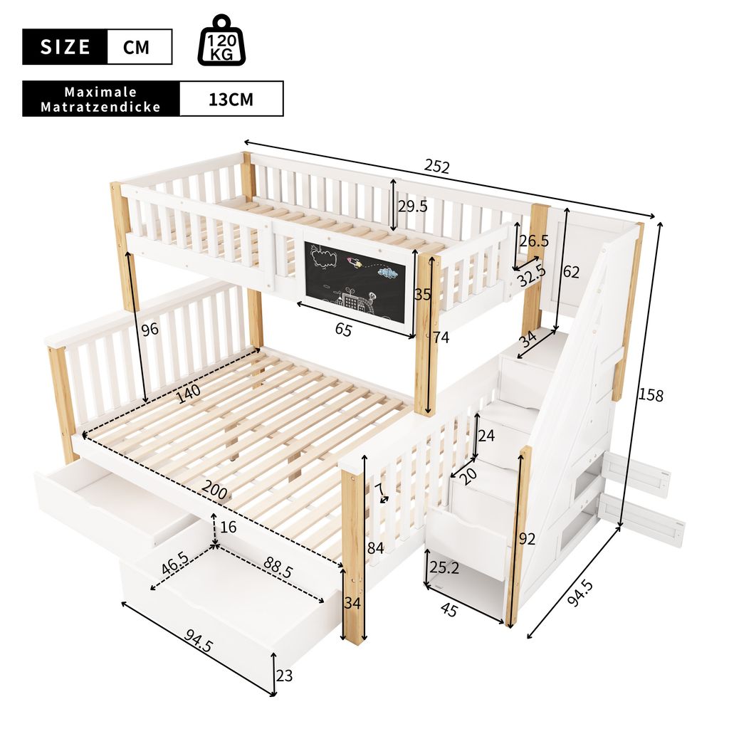 Gxffipw Etagenbett 140x200cm Mit Rausfallschutz & Schubladen - Weißes Hochbett Mit Treppe