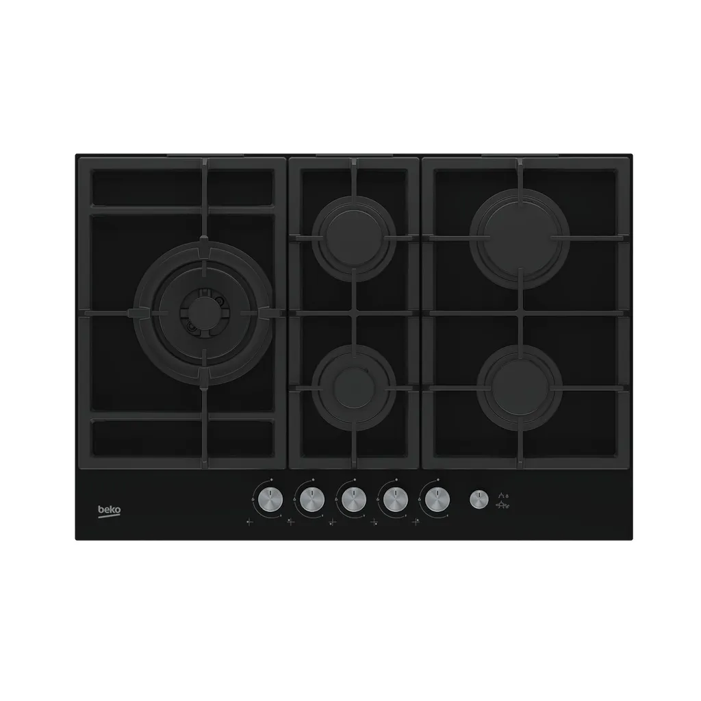 Table de cuisson gaz Beko 75 cm 5 zones HILL 75235 S en verre noir