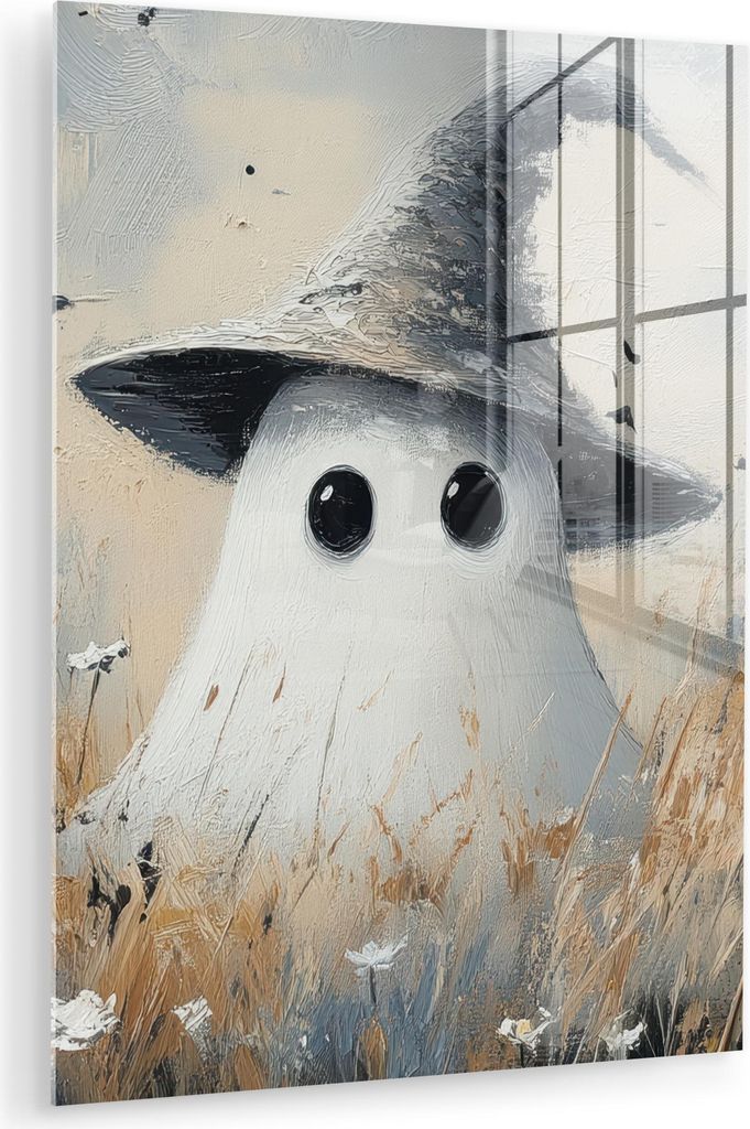 MuchoWow Glasbilder - Bilder auf Wandbild - Foto auf Glas Halloween - Geist - Hexenhut - Abstrakt - Grau 60x80 cm Wanddekoration aus Glas - Acrylgl...