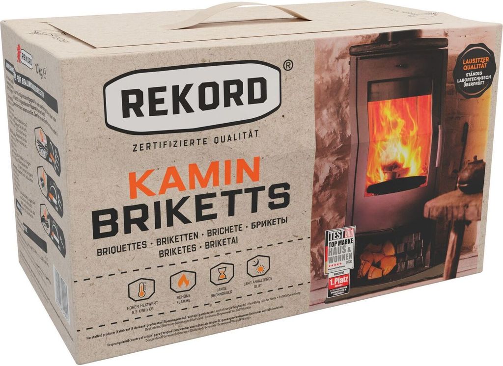 Rekord Kaminbriketts Kohle 10 kg Braunkohle Bündelbriketts Ofen Brennstoffe