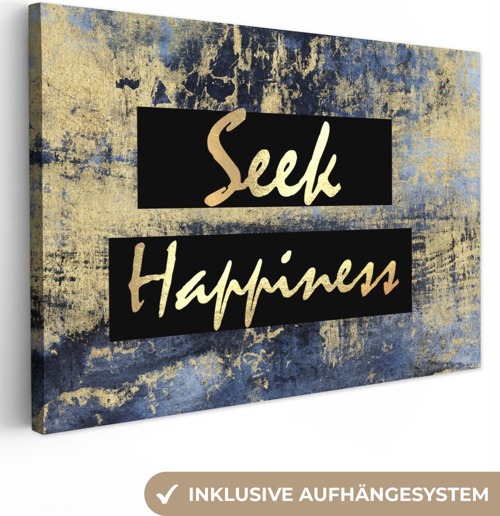 OneMillionCanvasses - Leinwandbilder - 140x90 cm, Zitat - Glück - Gold - Blau, Wandbilder Kunstdruck Wanddekoration