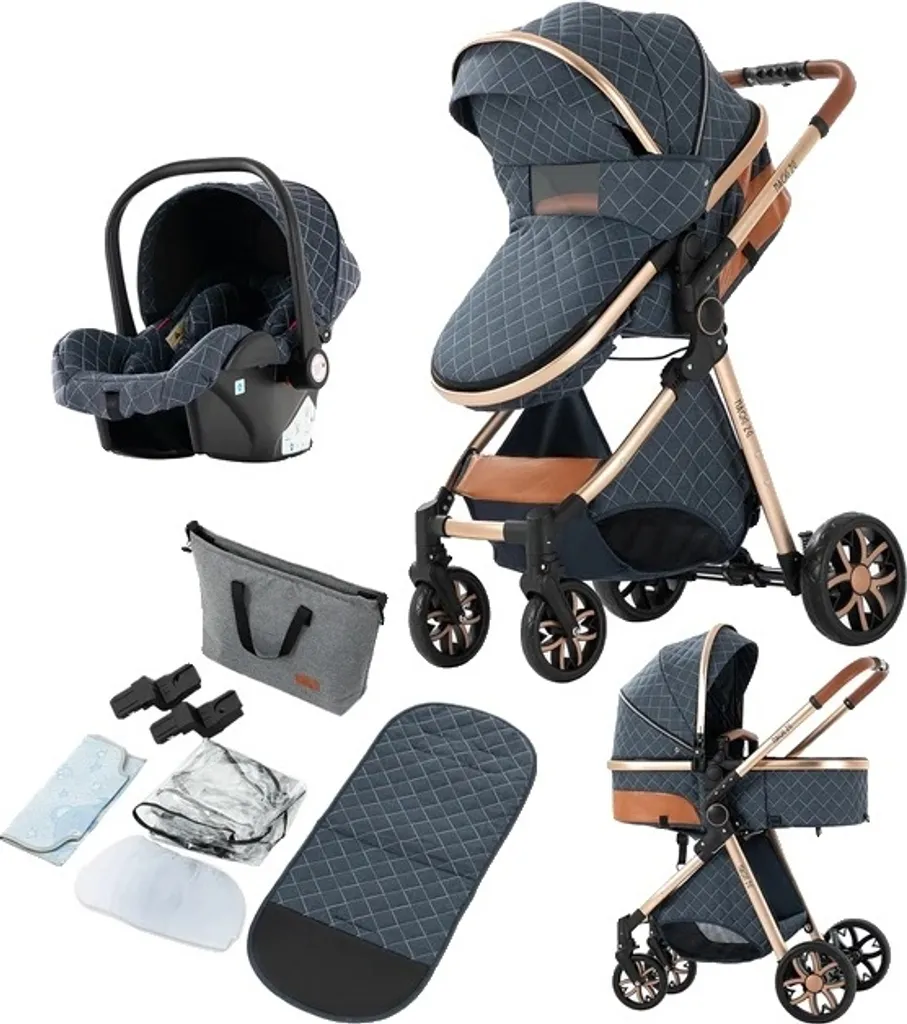 Poussette Combinée 3 en 1 Bleu - Trio Modulable avec Nacelle et Siège
