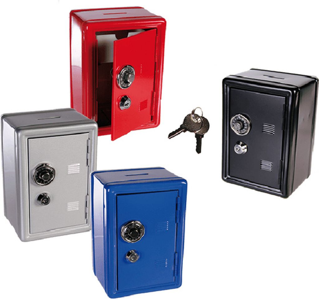 Four small safes in different colors (red, black, gray, blue) are arranged on a white background. A set of keys is also visible.