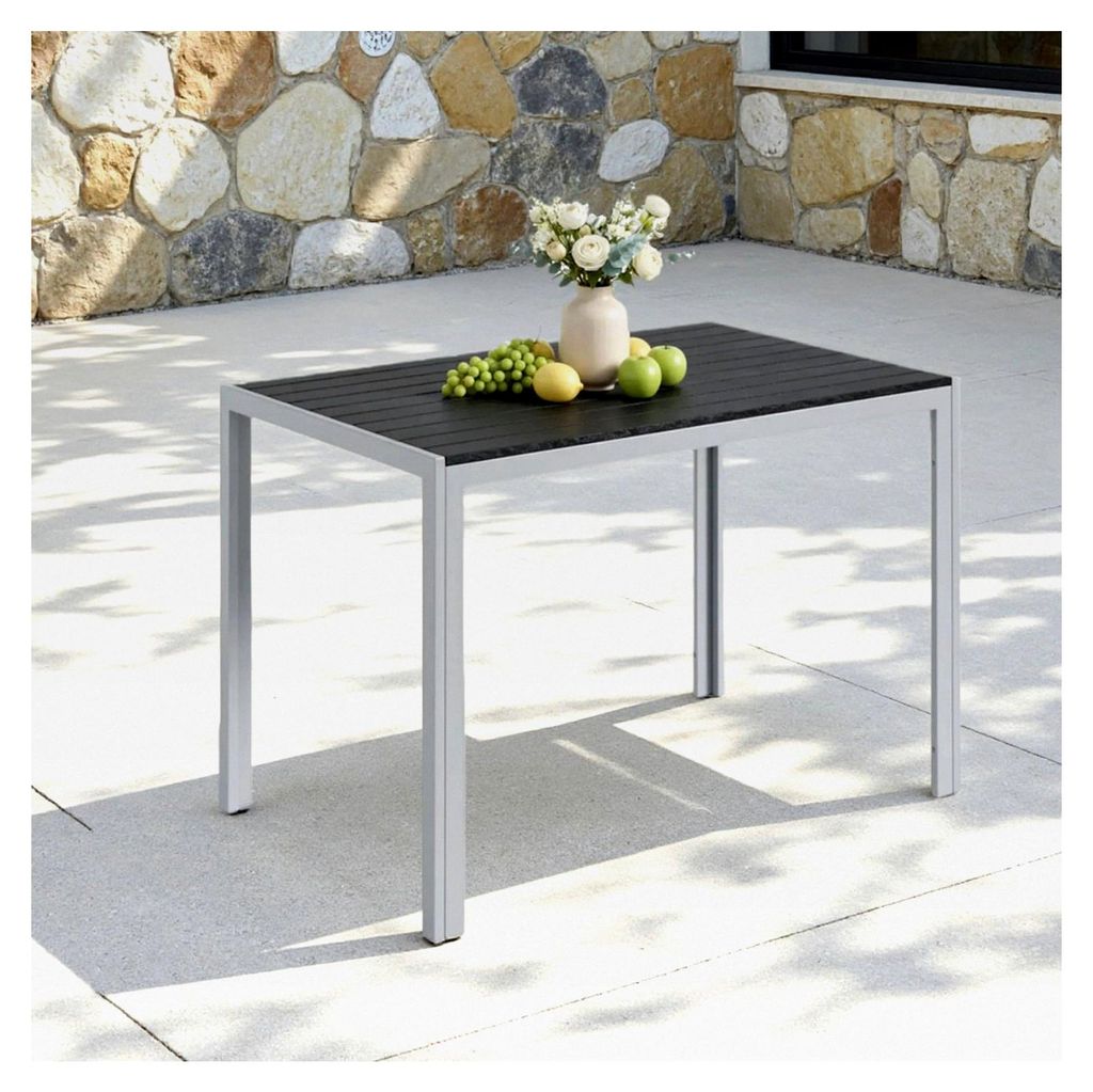 Wetterfester Gartentisch, 110x70cm, Outdoor-Esstisch, WPC-Balkontisch, Aluminiumrahmen, quadratischer Terrassentisch, Silber Grau
