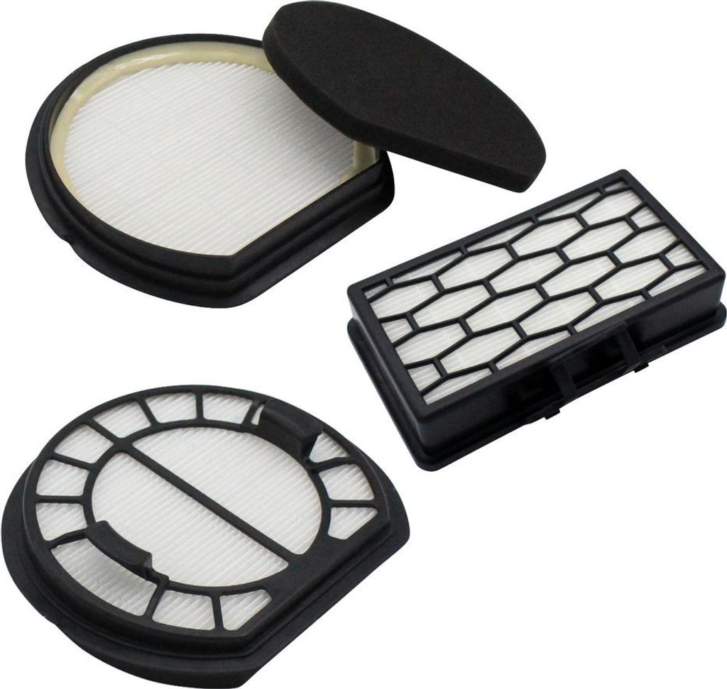 Three different vacuum cleaner filters are arranged on a white background.