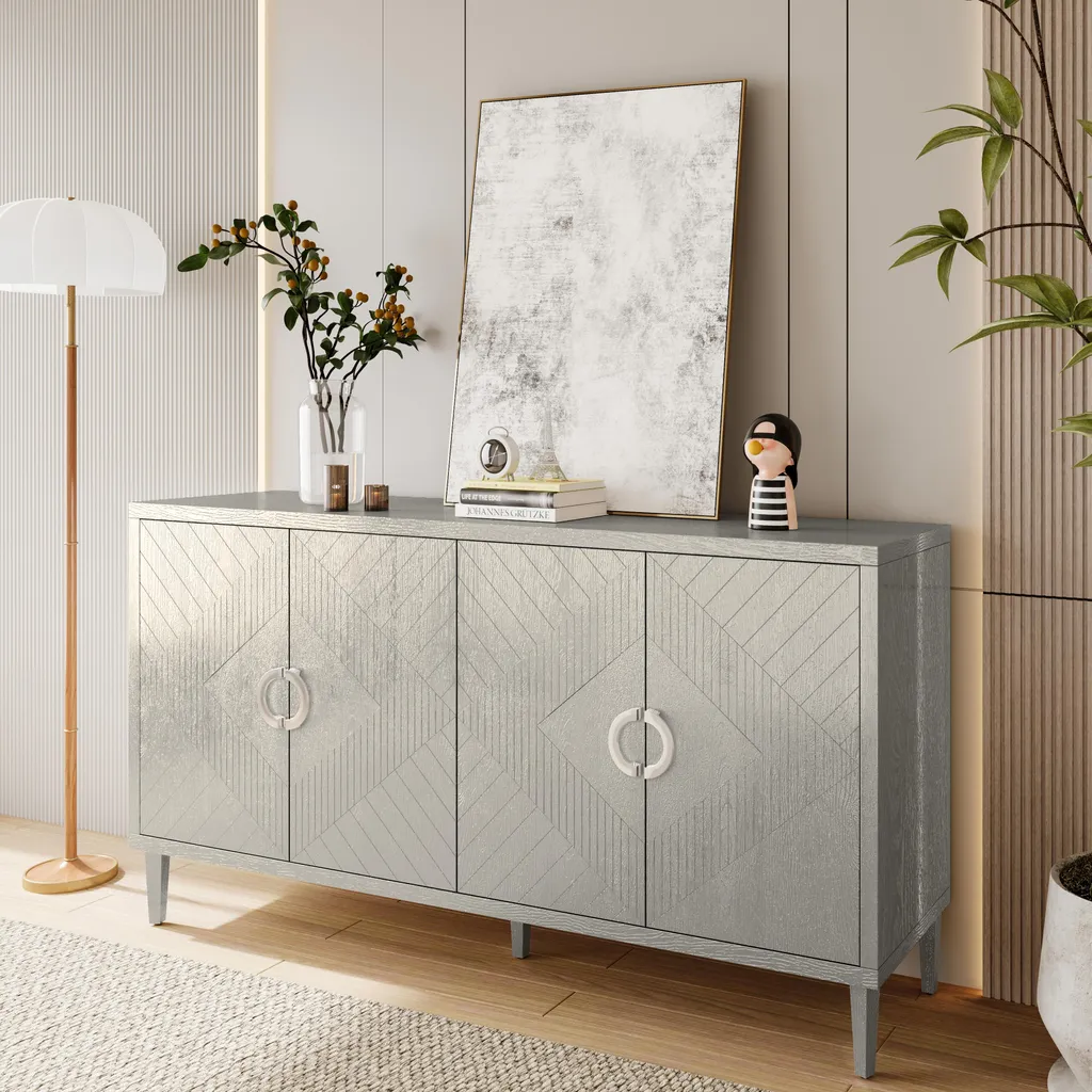 Buffet Chic en MDF avec Pieds en Bois Naturel Rangement 152x40x82cm