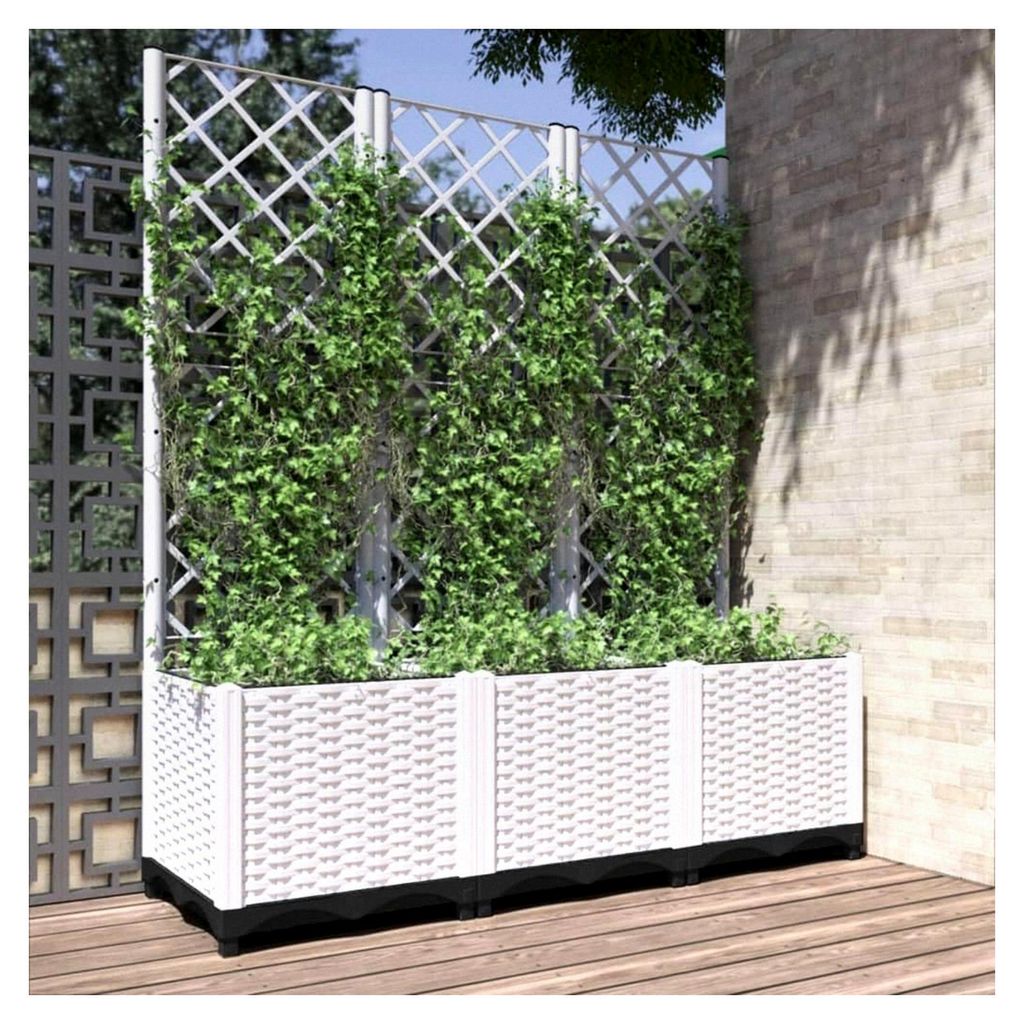 Blumenkasten mit Gitter, weiß, 120 x 40 x 136 cm, Polypropylen, Hochbeet, Pflanzschale für Blumen und Sukkulenten, Terrasse und Balkon