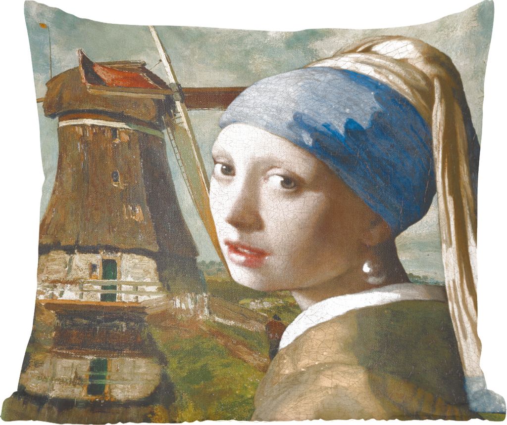 MuchoWow Zierkissen Sofakissen Wohnzimmer Dekokissen 45x45 cm Das Mädchen mit dem Perlenohrring - Vermeer - Windmühle - Schlafpolster - Polster...