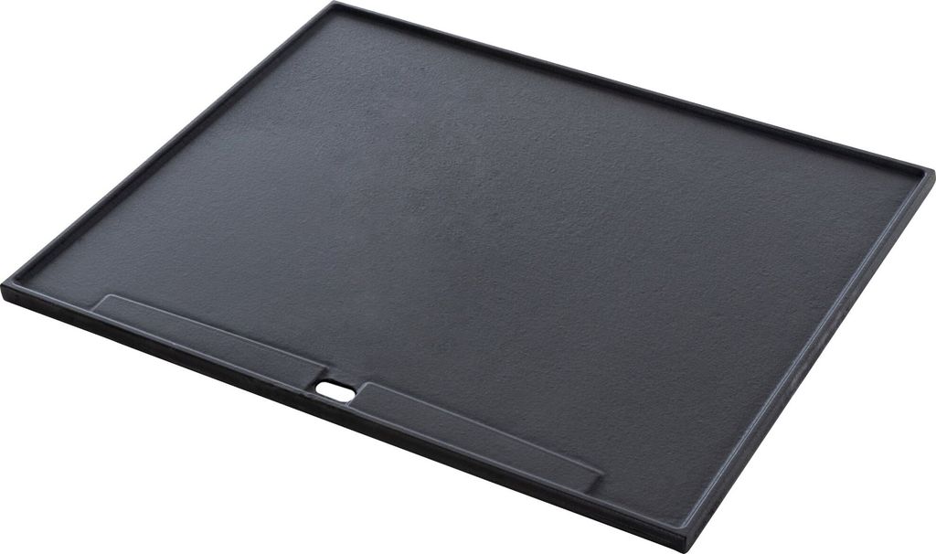 A black cast iron grill plate is shown from a slightly elevated angle against a white background.