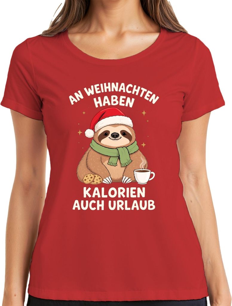 An Weihnachten haben Kalorien auch Urlaub Faultier lustig Keks Damen T-Shirt, Rot, 3XL