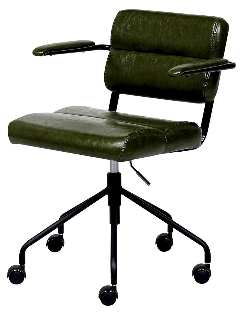 Drehbarer Bürostuhl aus dunkelgrünem Kunstleder, höhenverstellbar mit Wippfunktion und gepolsterten Armlehnen