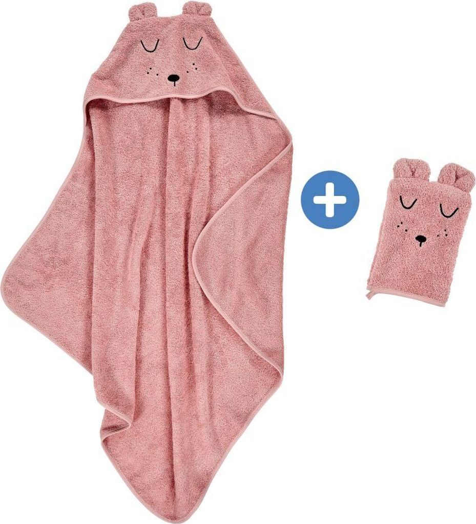Alvi ALVI Kapuzen-Badetuch & Waschhandschuh Frottier mit Stickerei Faces rosa 90x90