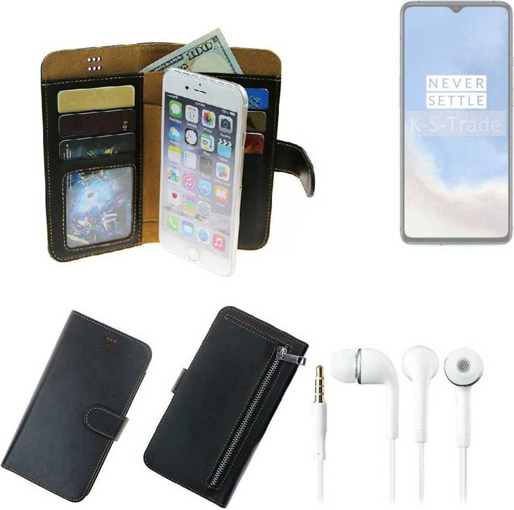 TOP SET Handy Hülle Schutz Hülle kompatibel mit OnePlus 7T schwarz aus Kunstleder + Kopfhörer Smartphone Tasche vollwertige Geldbörse