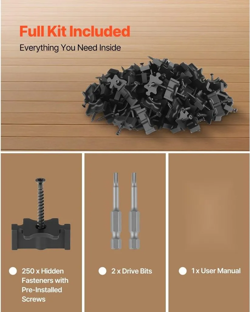 250x Elementi di fissaggio a scomparsa, distanziatori per tavole da decking, clip a T universali in materiale composito e elementi di fissaggio in plastica con viti - ideali per una distanza tra le tavole di 6,5 mm e un'altezza di 10 mm - 6