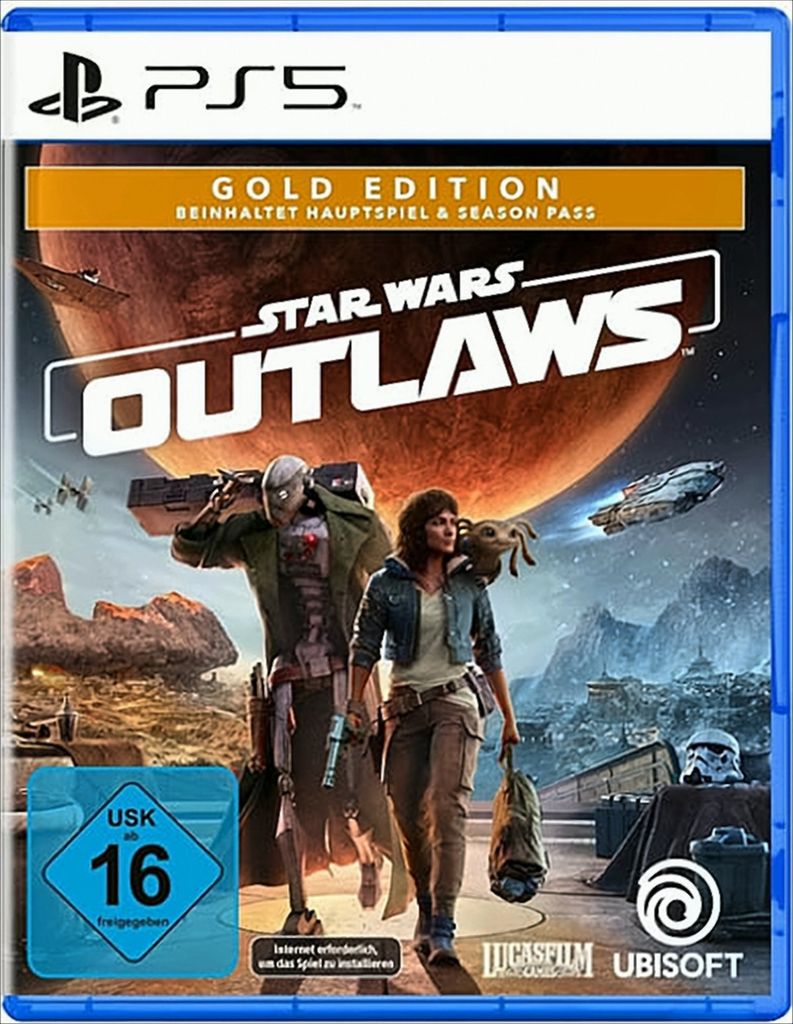 The image shows the front cover of a PlayStation 5 game case for 'Star Wars Outlaws' Gold Edition.