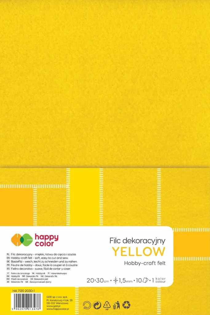 Set 10 Fogli Feltro Happy Color Giallo 20x30 - Ideale per Scuola e DIY