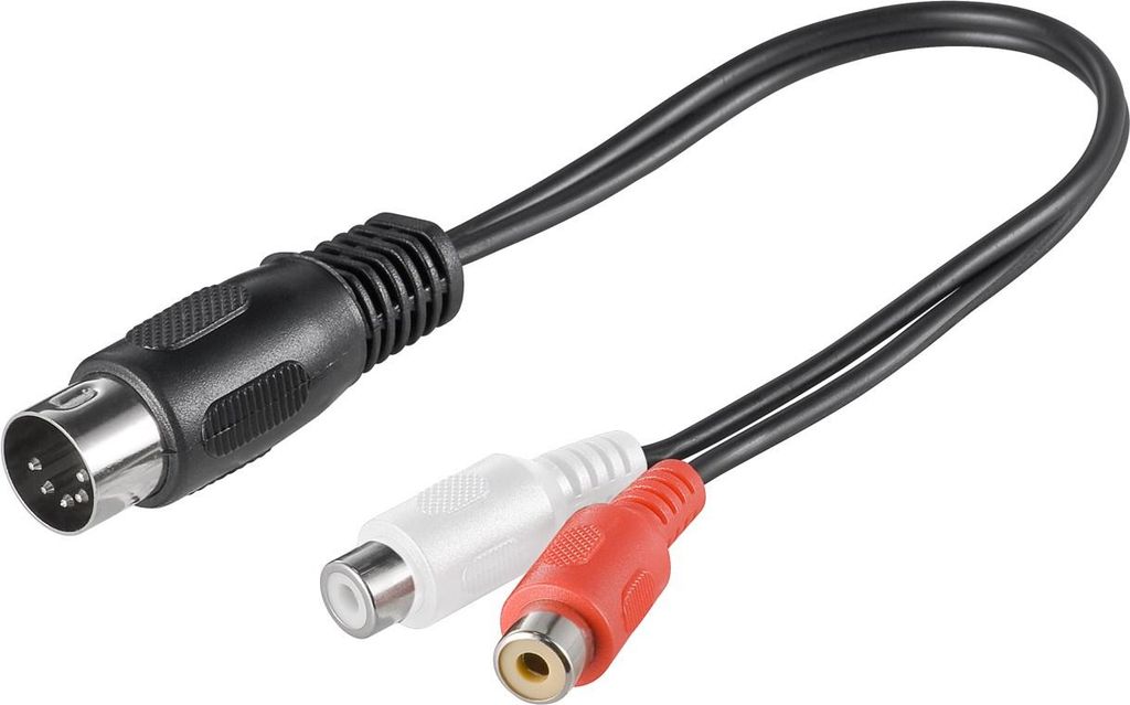 A black cable with a 5-pin DIN connector on one end and two RCA connectors (red and white) on the other end, isolated on a white background.