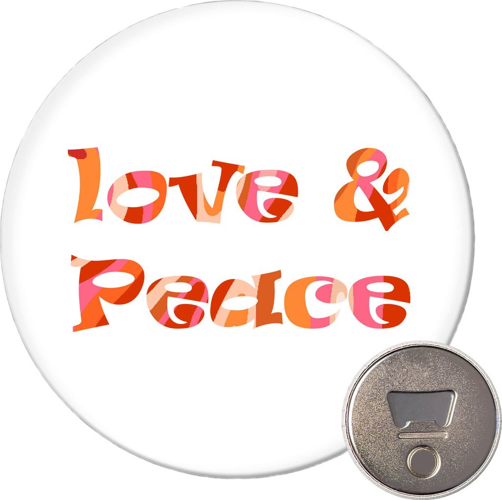 Huuraa Magnet Love & Peace 70s 59mm Kühlschrankmagnet rund Flaschenöffner Geschenkidee