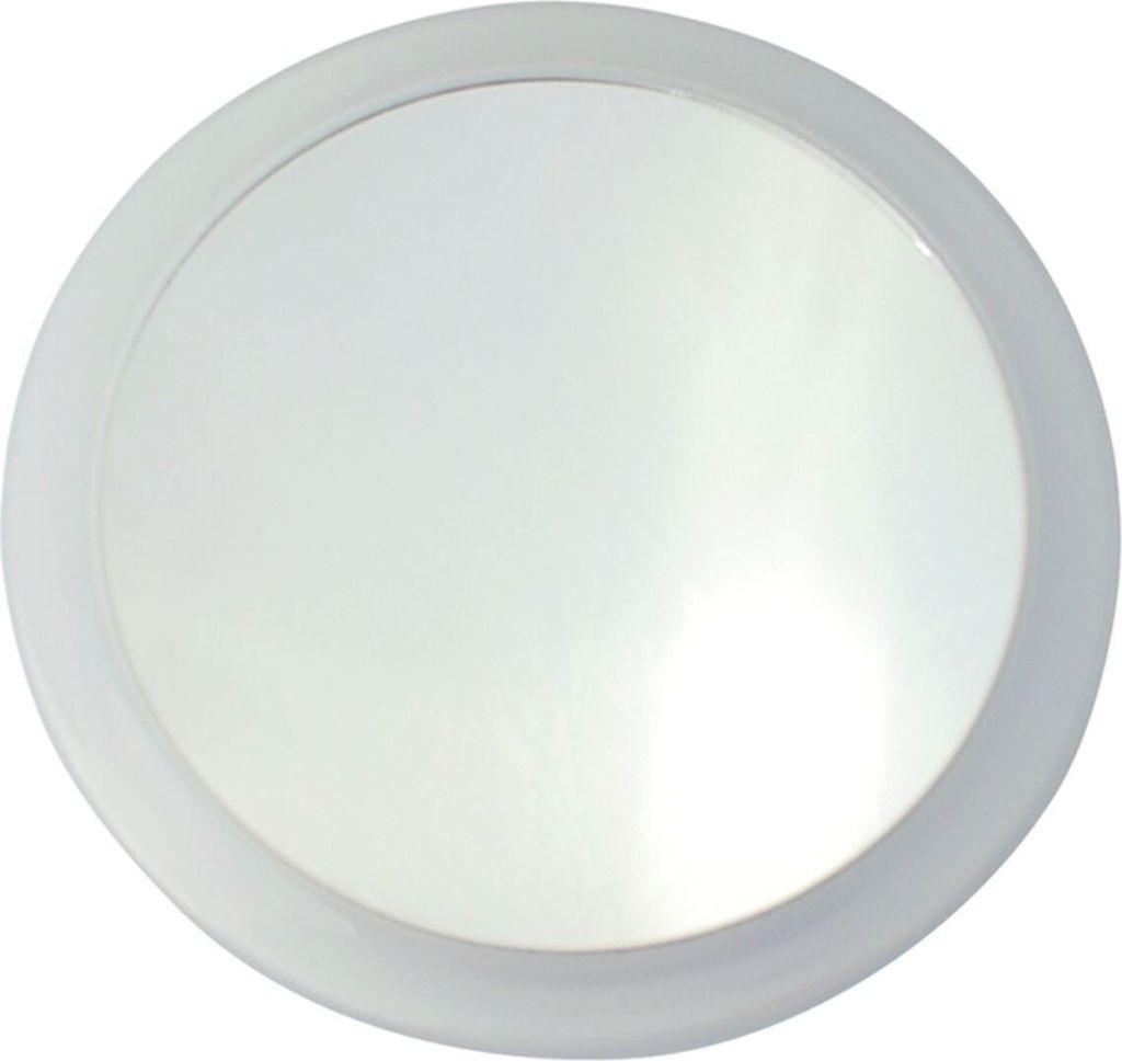 A round, white magnifying mirror with a white rim, shown against a white background.