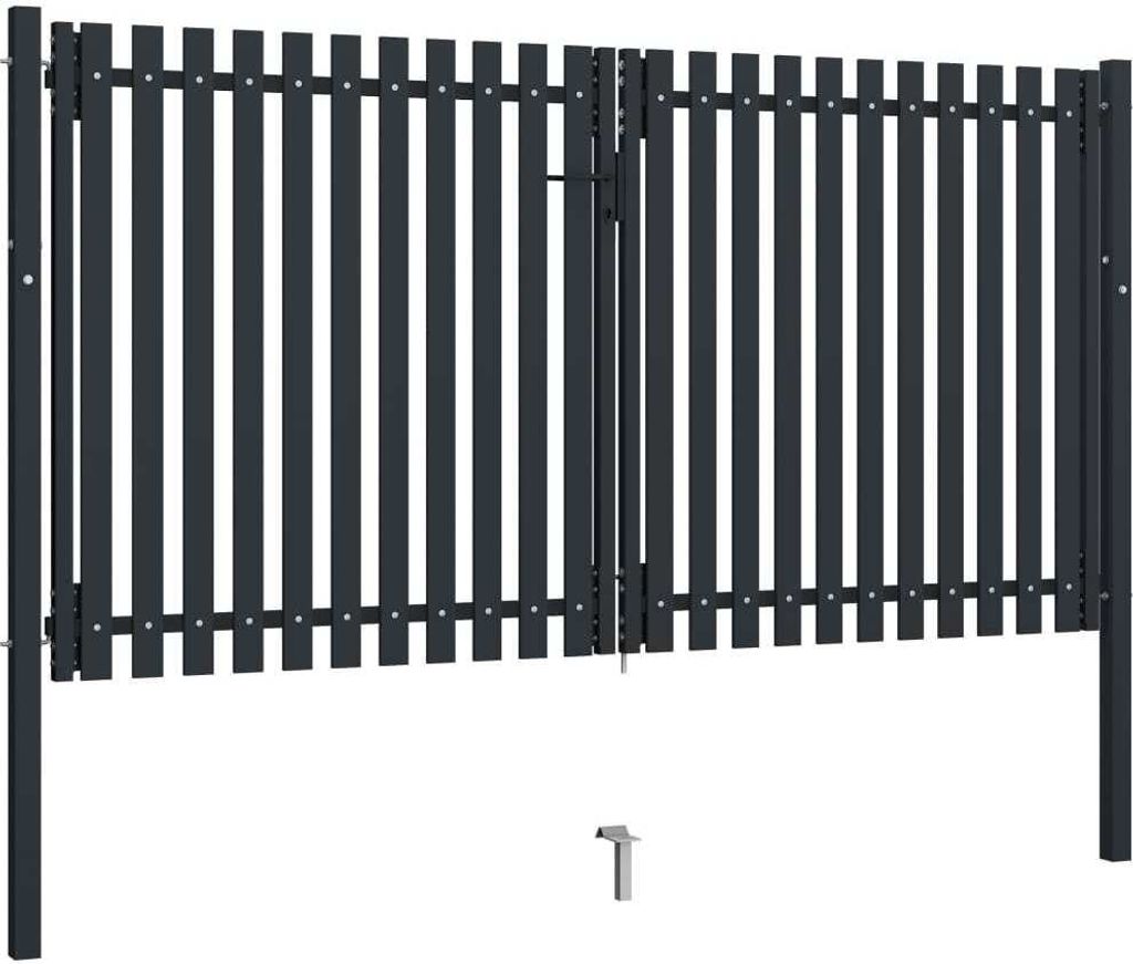 A dark gray metal double gate is shown against a white background. A small metal stake is visible on the ground in front of the gate.