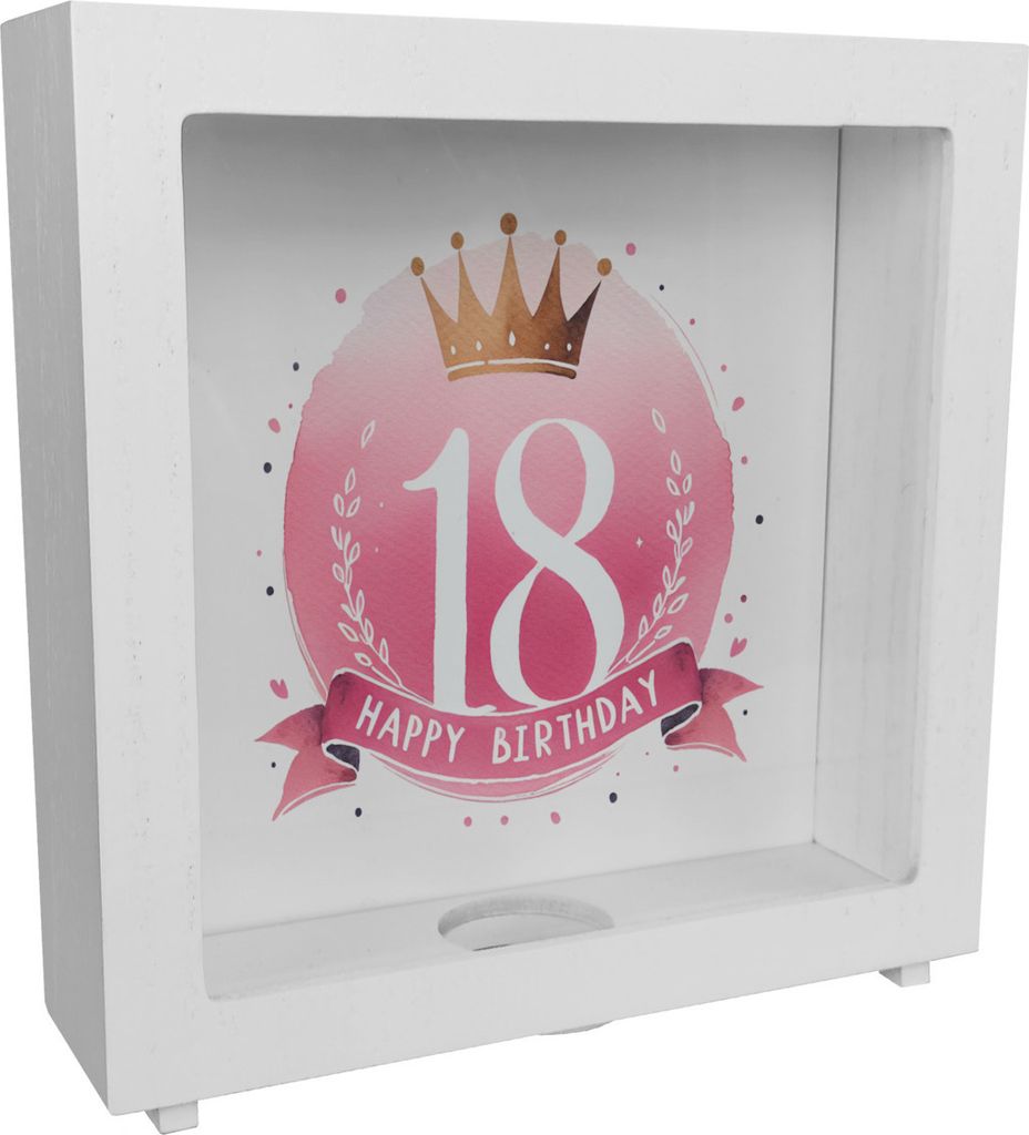 Happy Birthday 18 Krone Rahmen Spardose aus Holz