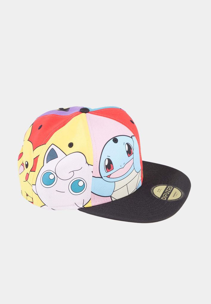 A close-up studio shot of a colorful snapback cap with Pokémon characters printed on it, set against a white background.
