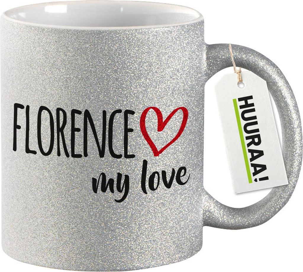 Huuraa Glitzertasse Florence my love 330ml Silber Keramik Kaffeebecher Geschenkidee