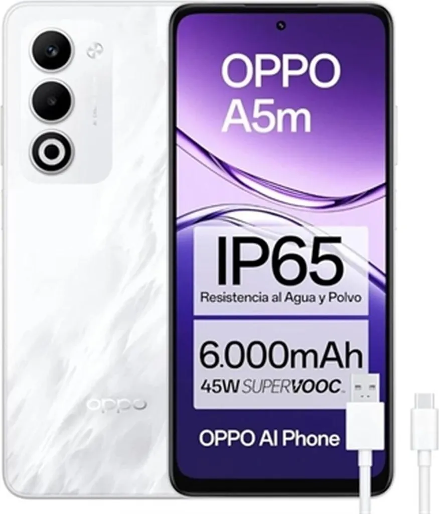 Téléphone portable Oppo A5M 256GB Blanc : performance et grand écran HD