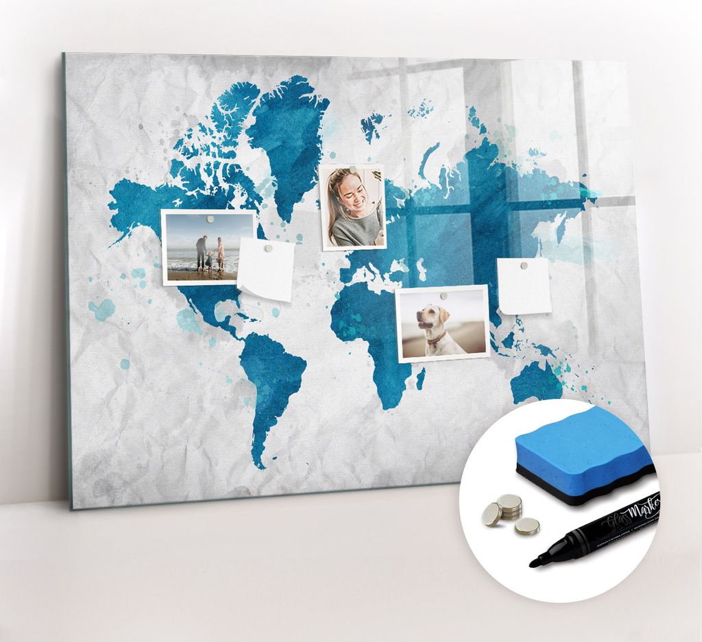 Magnetpinnwand Memoboard - Zubehörsatz - Schwarzer Marker + Schwamm + Magnete - 100 x 70 cm - Weltkarte