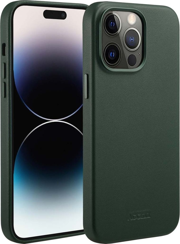 iPhone 14 Pro Max hülle iPhone 14 Pro Max Schützhulle MagSafe Leather Backcover Echtes Leder Dunkelgrün Accezz