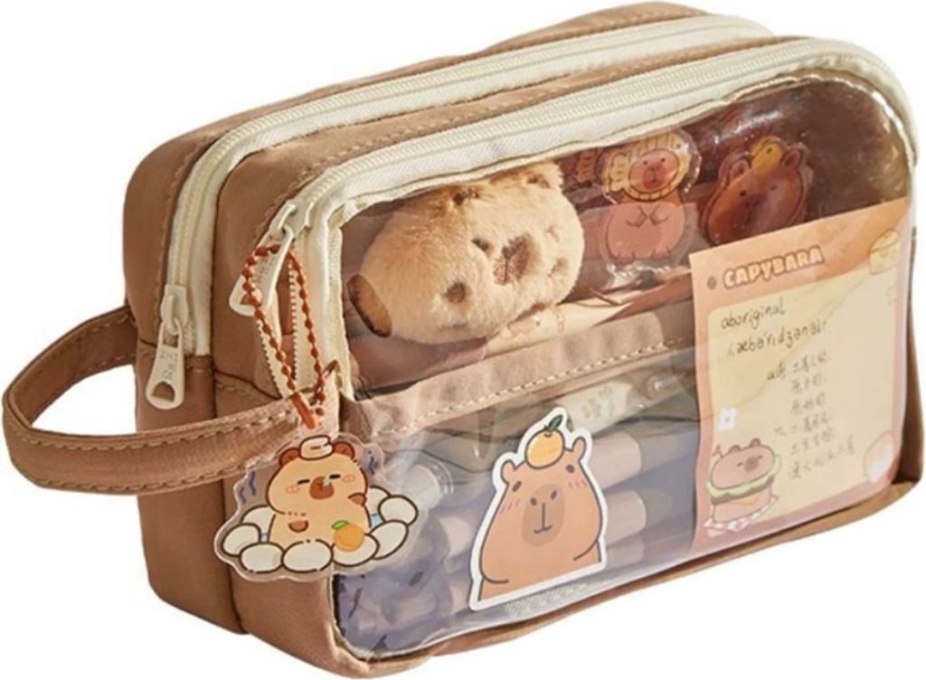 1 Set Federmäppchen-Set mit Bonus-Puppenaufklebern, wasserdicht, geräumig, mehrstufige Fächer, Federmäppchen, Capybara-Puppen-Federmäppchen