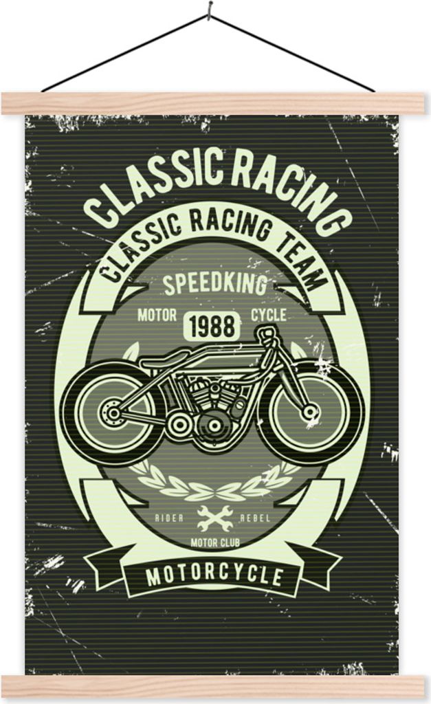 MuchoWow Textilposter Motorrad - Vintage - Illustration - Zitat 40x60 cm mit holzfarbenen Rahmen - Poster