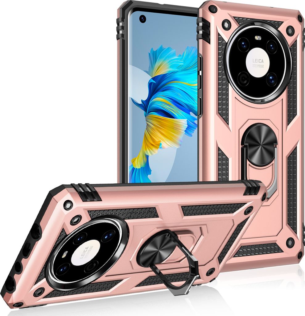 LaimTop Schutzhülle für Huawei Mate 40 Pro, Dual Layer Robust Militäre Fallschutz Hülle mit Ringhalterung Ständer Roségold