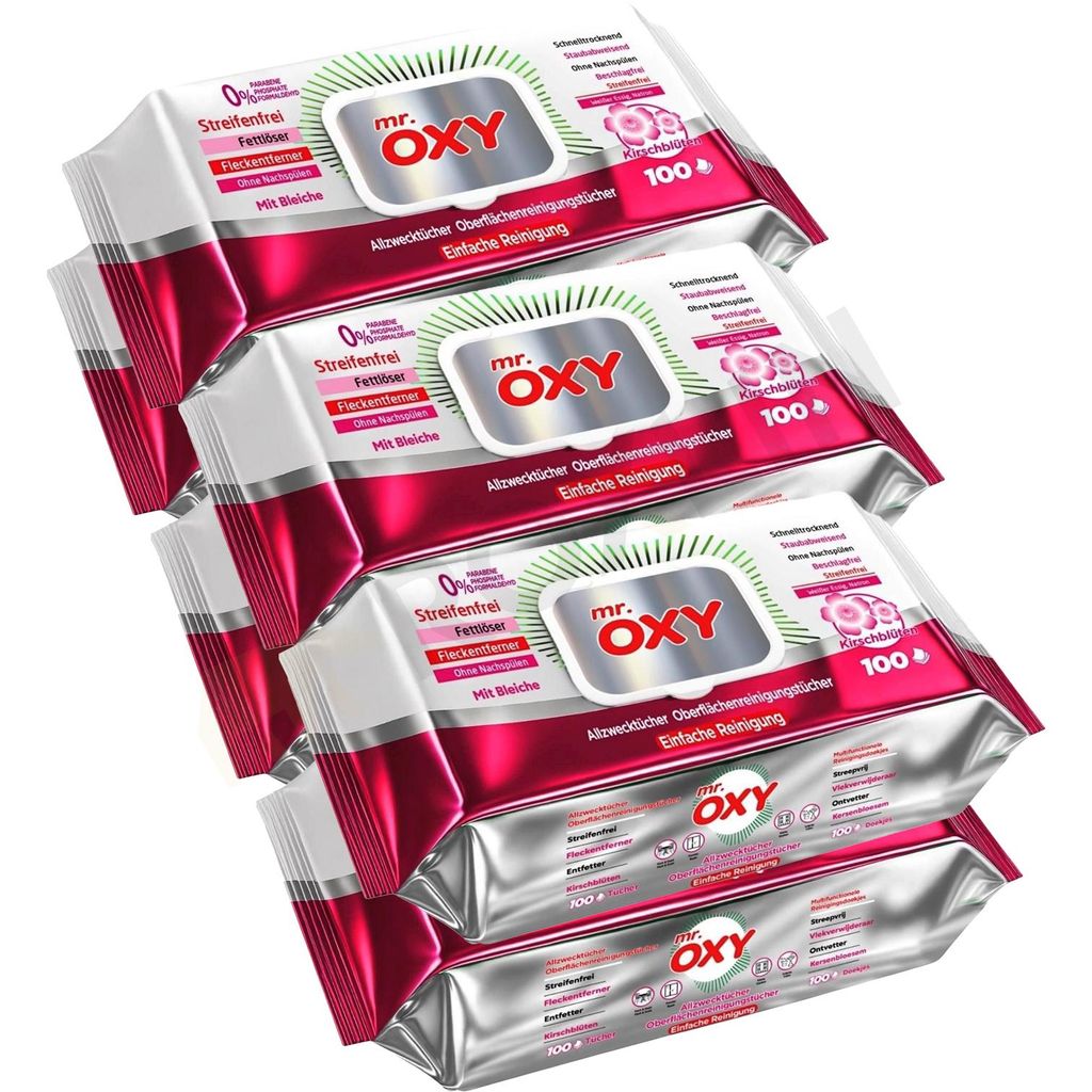 OXY Maxima Allzweck-Reinigungstücher 100St streifenfrei, fettlösend, schnell trocknend, Kirschblüten-Duft, mit Bleiche, ohne Nachspülen Pack 6