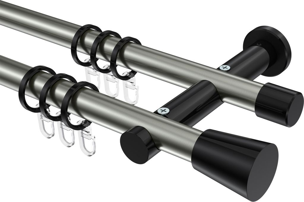 Interdeco Gardinenstange / Vorhangstange Edelstahl-Optik / Schwarz, Typ Platon Sitra (Konus), 20 mm Ø 2-läufig, 320 cm