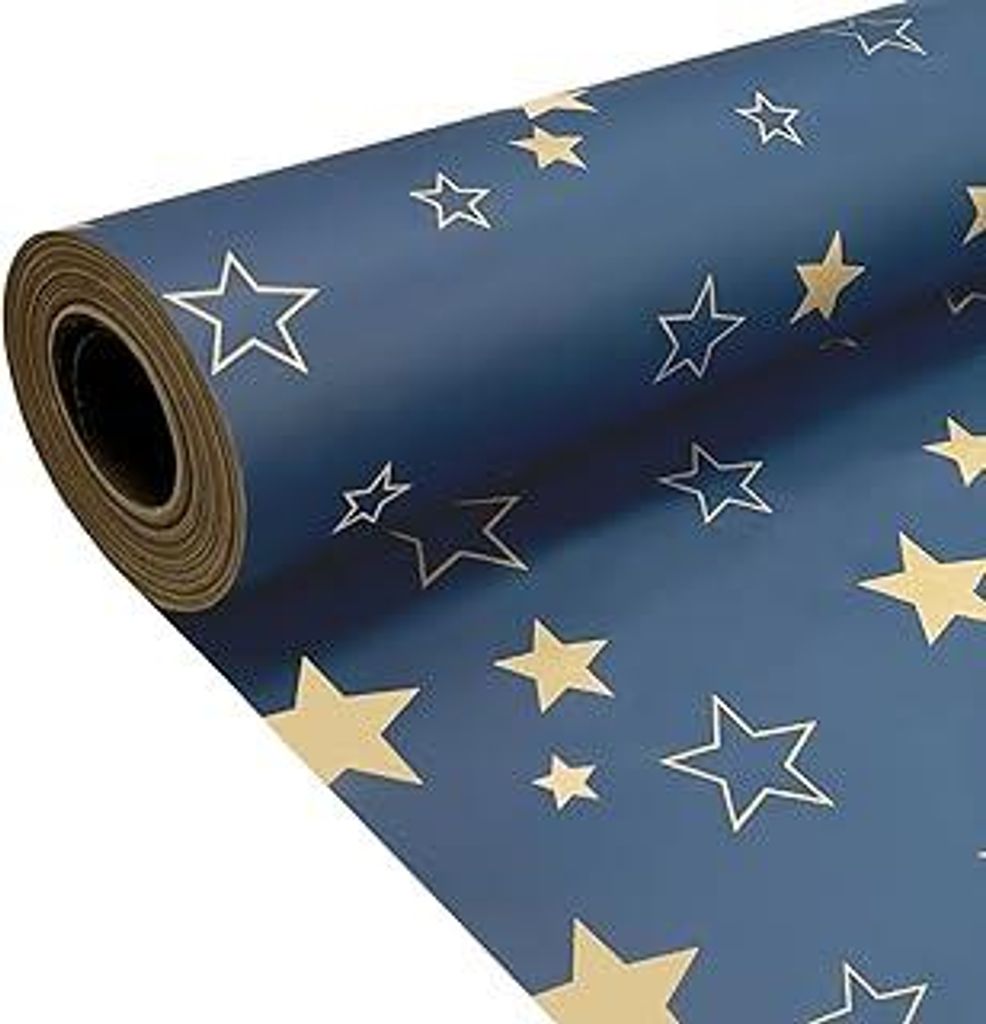 43 cm x 15 m Geschenkpapierrolle, recycelbares blaues Kraftpapier mit Sternen für Weihnachten, Geburtstage, Halloween, Hochzeitsfeierdekoration