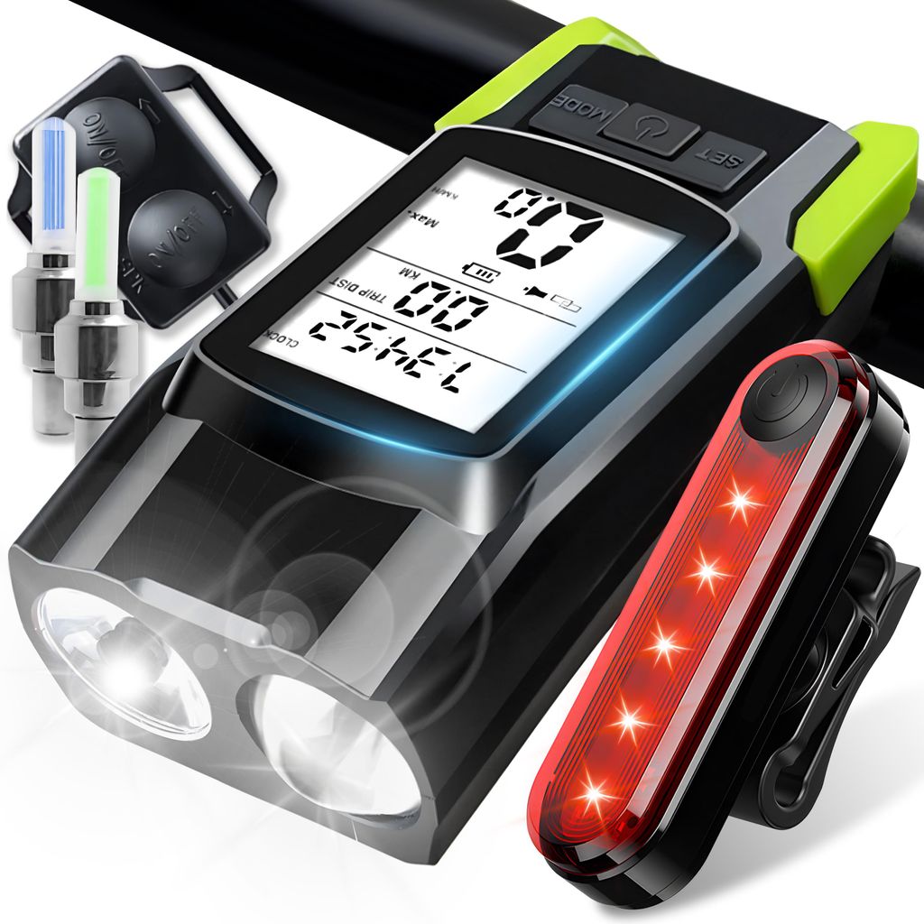Fahrradlicht Set LED mit Fahrradcomputer, Tachometer und Produktbild 