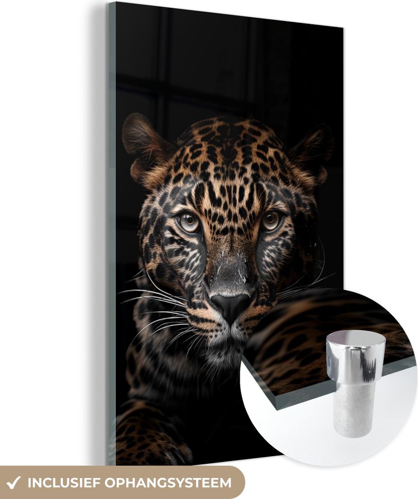 MuchoWow Glasbilder - Bilder auf Wandbild - Foto auf Glas Leopard - Porträt - Schwarz - Tier 80x120 cm Wanddekoration aus Glas - Acrylglasbild - A...