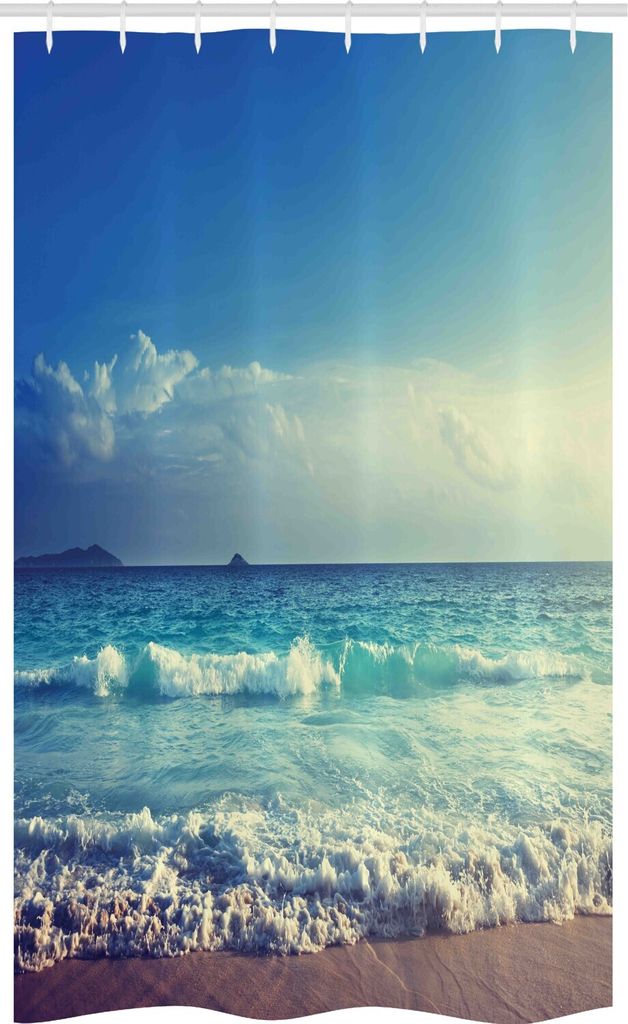 ABAKUHAUS Tropisch Schmaler Duschvorhang, -Strand-Sonnenuntergang Waves, Badezimmer Deko Set aus Stoff mit Haken, 120 x 180 cm, Creme Turquoise