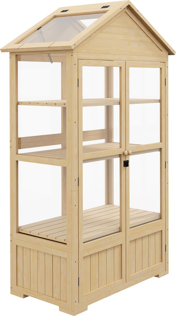 Outsunny Frühbeet aus Holz Abschließbar Gewächshaus Treibhaus mit 4 Ebenen, Dachfenster, Frühbeetkasten mit Doppeltür, für Garten, Balkon, Na...