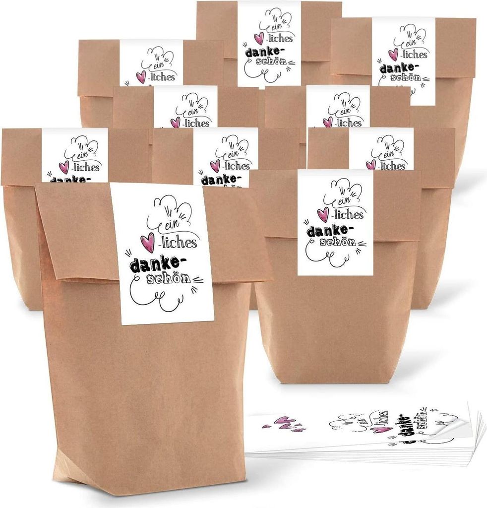 5 kleine Papiertüten braun natur 16,5 x 26 x 6,6 cm + 5 Aufkleber HERZ-liches Danke-schön schwarz weiß rosa-rot Geschenk Verpackung Kraftpapier ...
