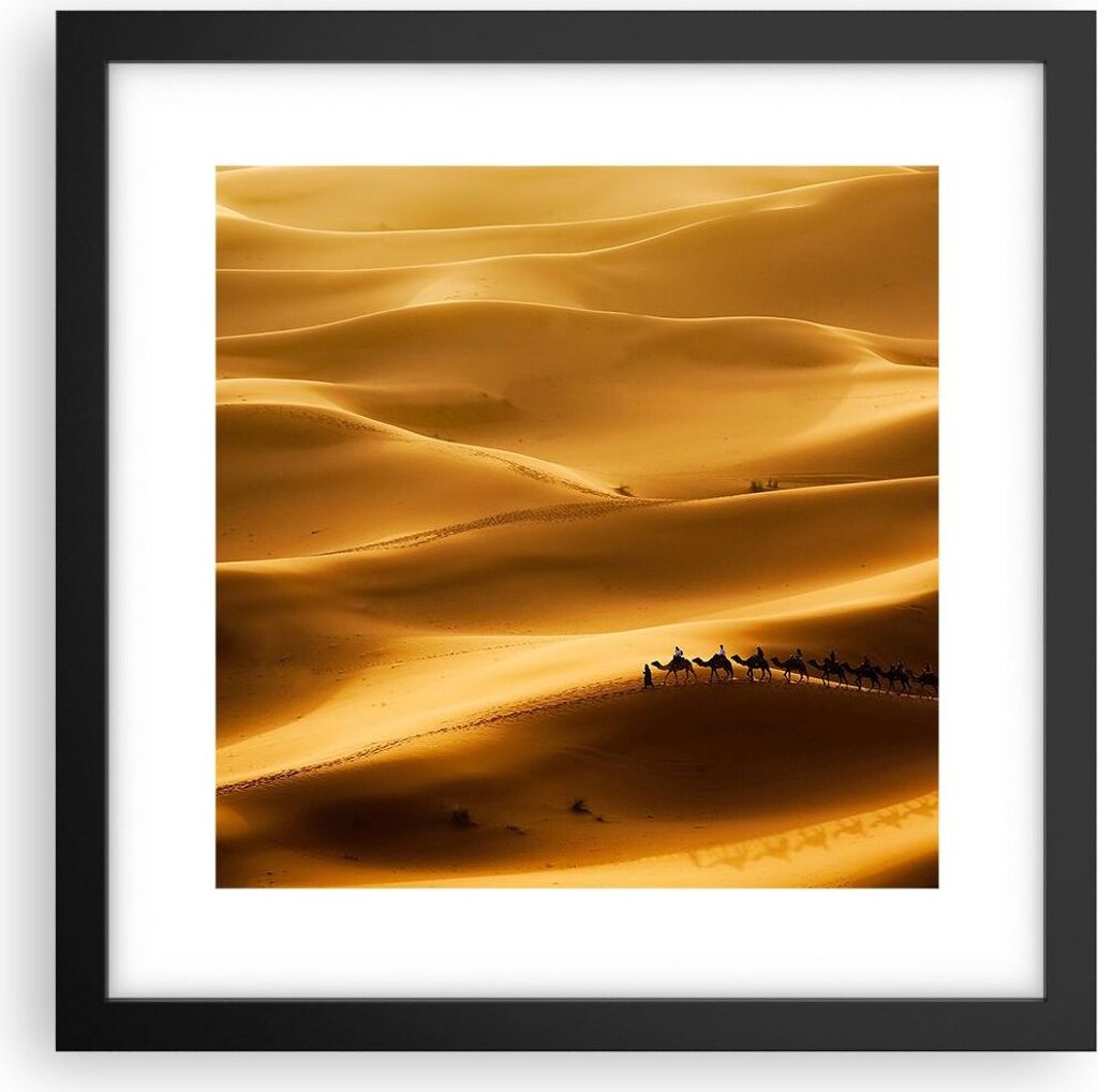 Gerahmtes Poster - Schwarzer Rahmen - Afrika Sahara Kamel Landschaft - 30x30 cm - Wand Bild - Wanddeko - Wandbilder - Wandposter - Bilderrahmen - B...